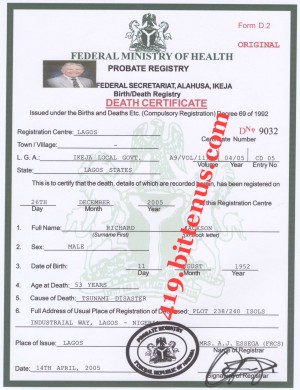 Death Certificate of my late client