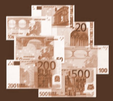 Art:Collage showing the various denominations of the euro currency.