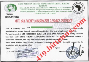 Anti drug / Money / Laundrering free clearance certificate