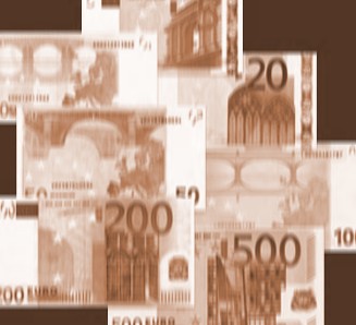 Art:Collage showing the various denominations of the euro currency.