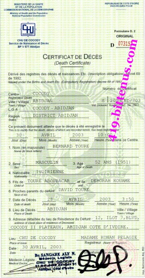 Death Certificate Bernard Toure